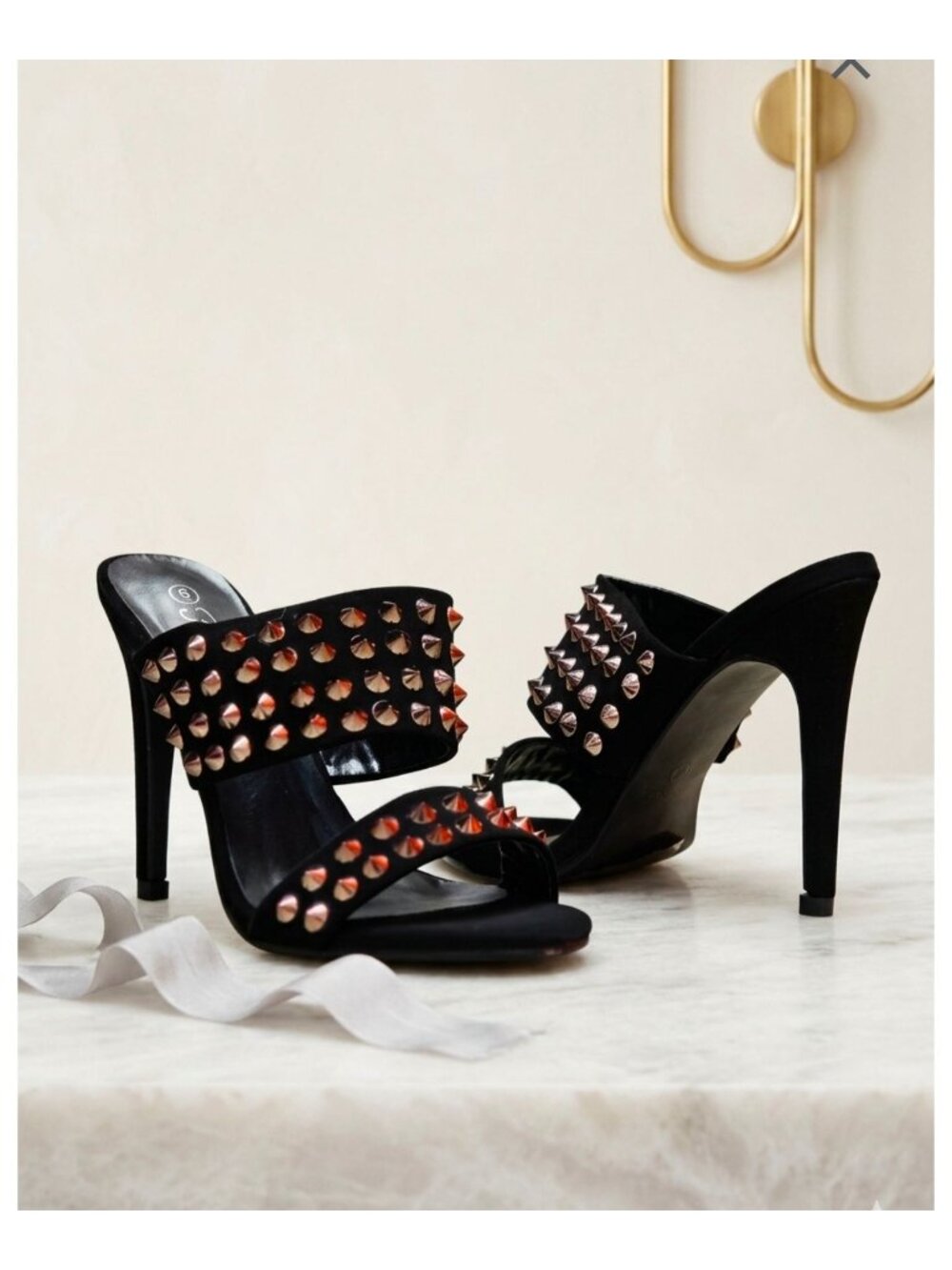 Black Studded Open-Toe Heeled Sandals With Double Strap Stiletto Heel For Women